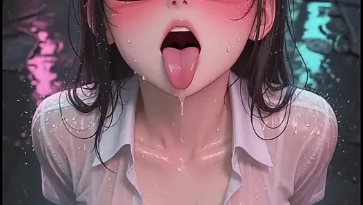 Gadis anime 3d Asia yang lucu melambaikan matamu ke gang saat hujan