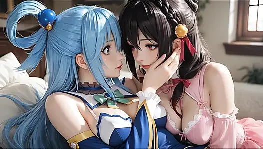 Sfw aqua dan yunyun dari soft show konosuba menyentuh dan mencium lesbian