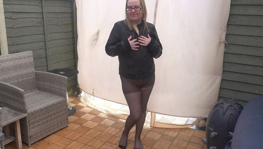 Black Pantyhose and Leather Coat Flashing in the Yard