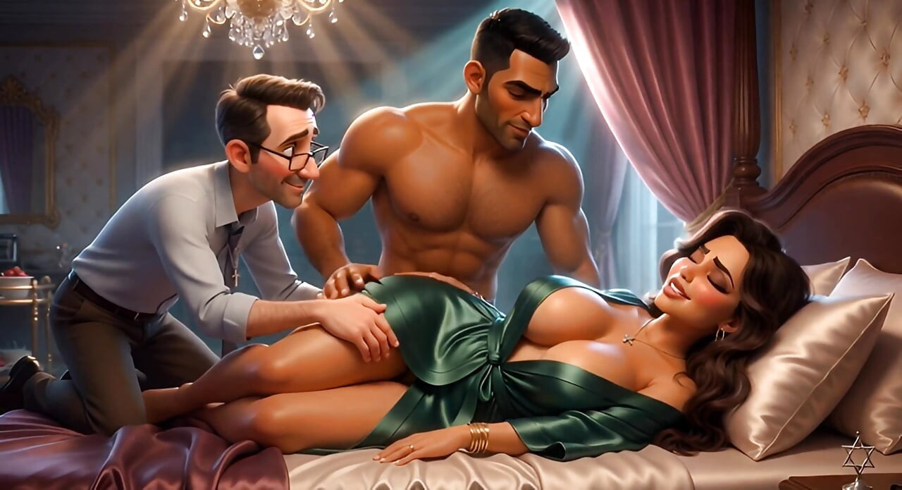 A Muslim man and a Jewish wife, with her cuckold  Christian husband watching her being fucked.