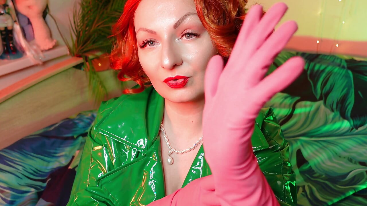 Pretty pin up model Arya and pink latex household gloves