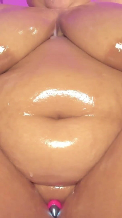 Drooling my oiled tits while I fuck my throat with a huge dildo