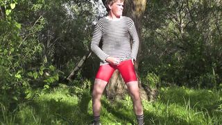 masturbating in red  spandex shorts