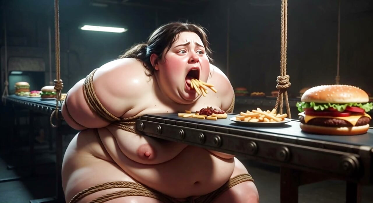 Tied up SSBBW Eats Massive Meal While Kneeling - Belly Stuffing