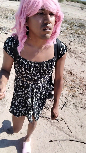 Captivating moment from "Little Ladyboy Femboy In Mini Dress And Sandals Walks In Public Very Hot"