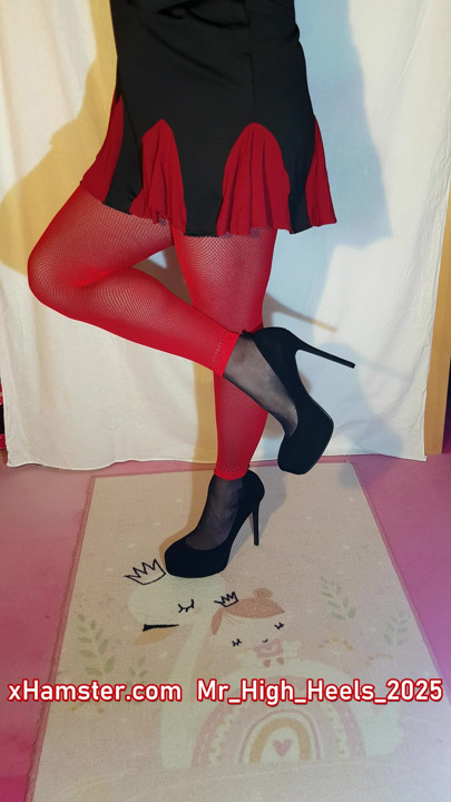 Red with black shoes.