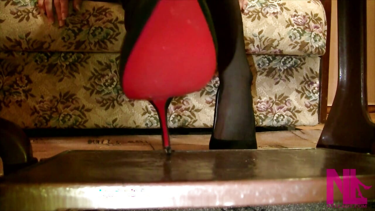 Vintage_sewing on My Granny's Old Sewing Machine in Black Pantyhose and Suede Louboutins