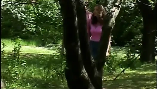 Two Guys Bang Brunette on Park Bench