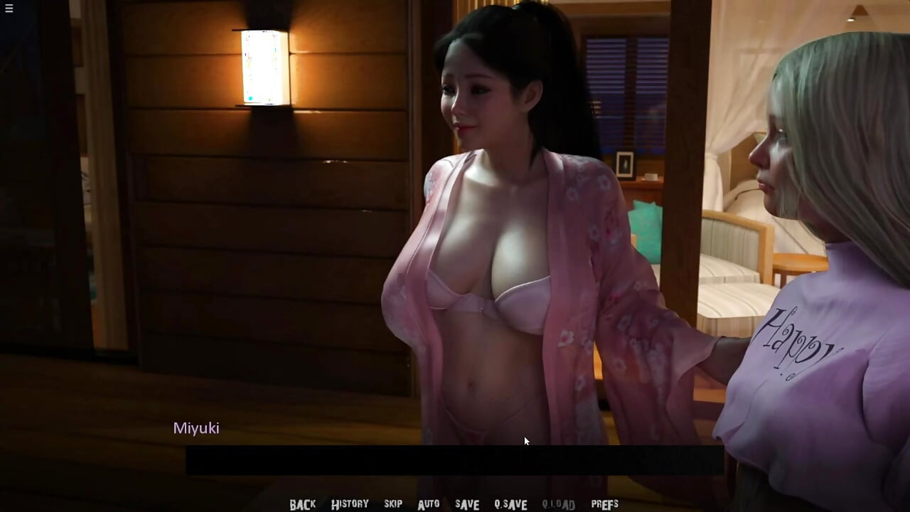 Hiro olhando a madrasta japonesa e meia-irmã rabuda em biquíni