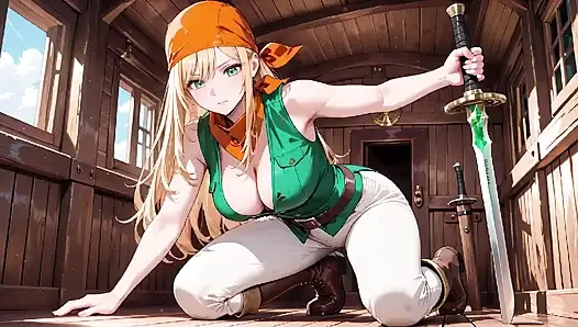 Blonder piraten-kapitän! Grüne Uniform & grobe Seile auf einem sonnigen Deck. Lange posen, lange beine bloßgestellt und dieser neckende blick