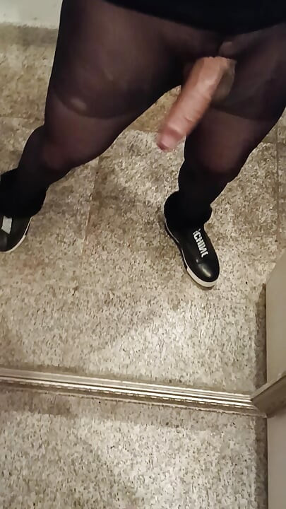 Young horny cock slut naughty guy jerks off his big cum dripping cock in girlfriend's kinky nylons