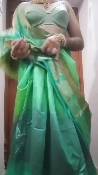 Indian Gay Crossdresser Bottom Gaurisissy pressing and playing with her big boobs in blue saree real homemade sex | Clip 2