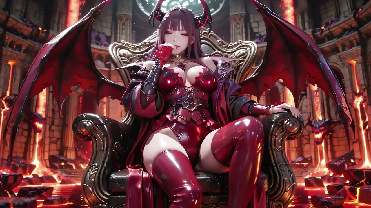 紫色头发的恶魔女王! 岩浆宝座上的禁忌盛宴, 红黑盔甲紧贴在灼热的皮肤上!