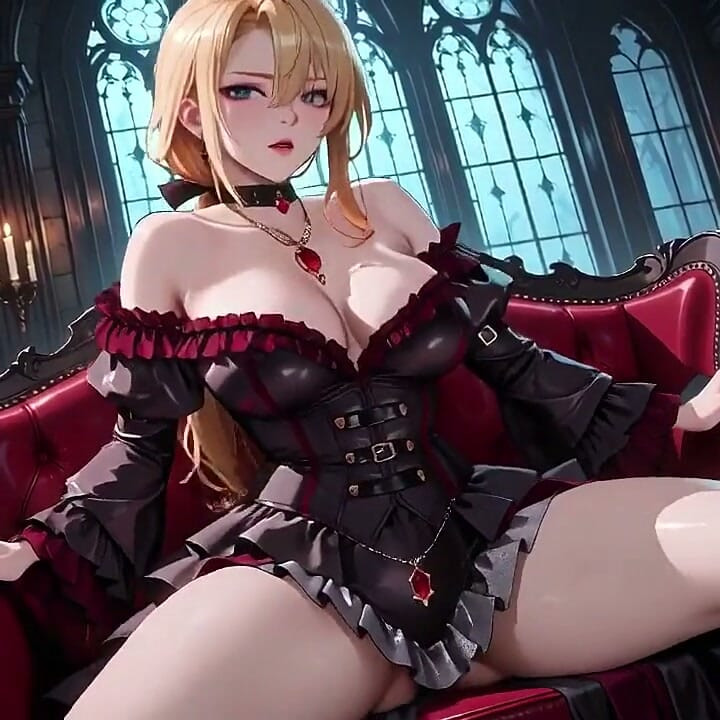 Blonde in a Black Gown Swaying on Red Velvet, Candlelight Gaze and Fan Teasing the Collarbone