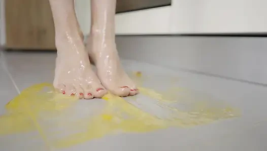 Bored Blonde MILF Tramples Eggs with Hot Feet - Foot Fetish Crush!