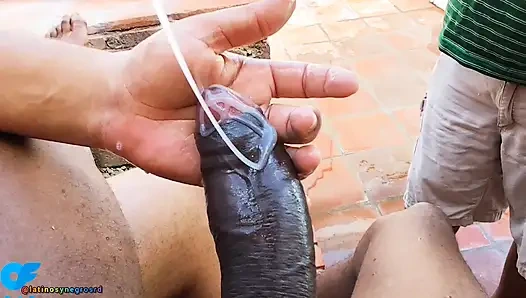 My friend shoves his huge, thick black cock up my ass and then I jerk him off, I like to watch the cum cum.