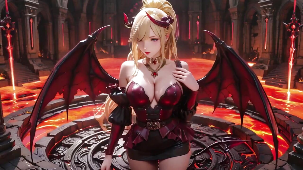 Lava Throne! Blonde Demon Queen Kneels & Spreads Her Wings, Lazy Tease with a Glass.