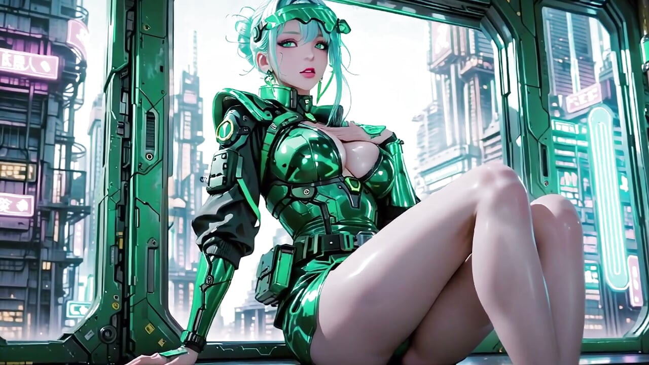 The Green Armored Girl! Silberhaarige Walküre kniet und blickt zurück, Fingerspitzen streichen über ihren kalten metallischen Anzug.