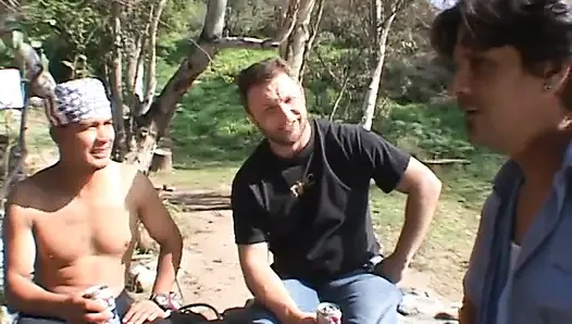 Blonde whore in hotpants gets three hard cocks filling up her holes