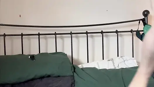 lhuge oiled up tits ady in red wanking in bed with realistic dildo in her tight bald cameltoe pussy with oil