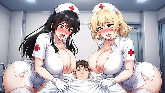 Two cute nurses with big breasts cum in the ward