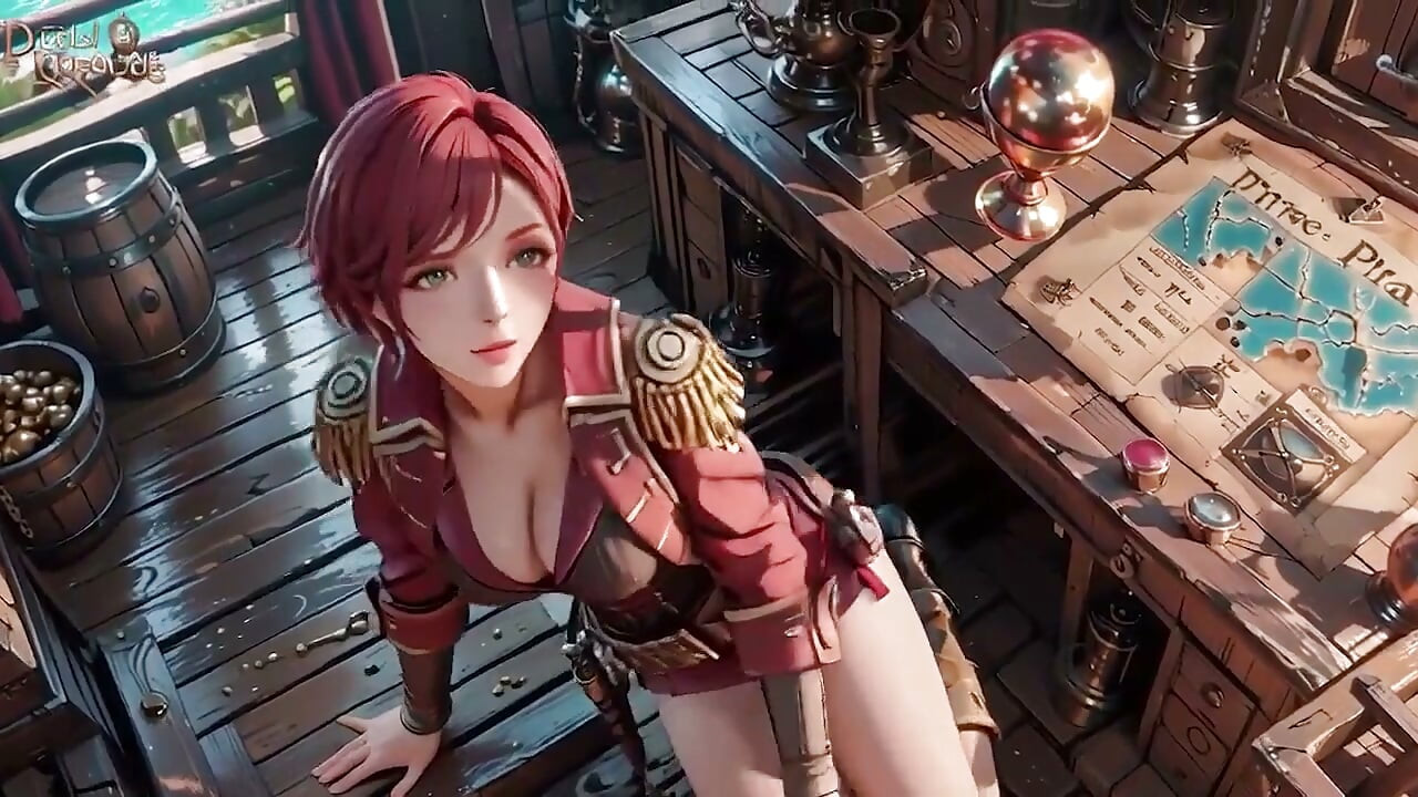 Ruiva capitão pirata! Brincando com sua cutlass em uma cabine de navio vintage.