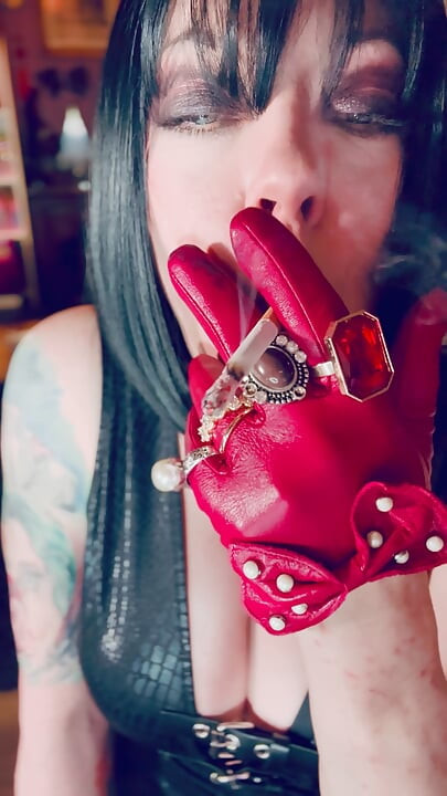 Red Leather Gloves & Rings! Smoking Tart Tina Snua Smokes A Cigarette & Shows Off Her Gloves - Smoker