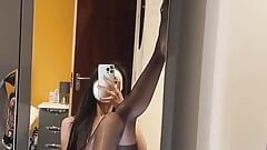 Soft Pussy Playing in Front of the Mirror. Black Stockings and Removed Panties