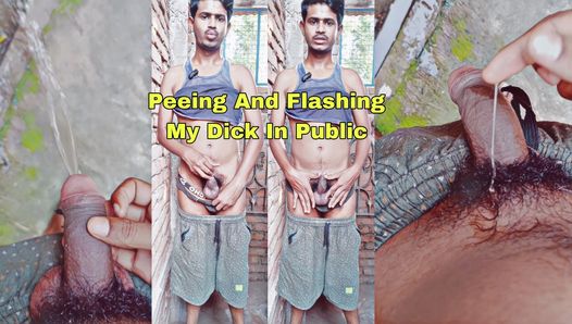 Indian sexy boy flashing his big cock in the public and after that he's peeing in the outside