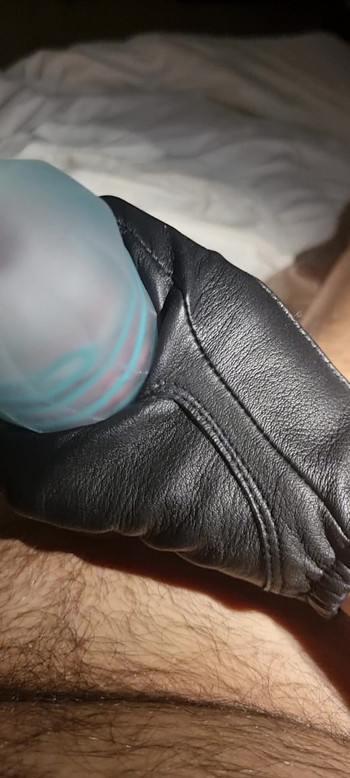 Leather cop gloves with tenga wank