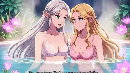 Two beautiful lesbian elves share an intimate night in a magical hot springs