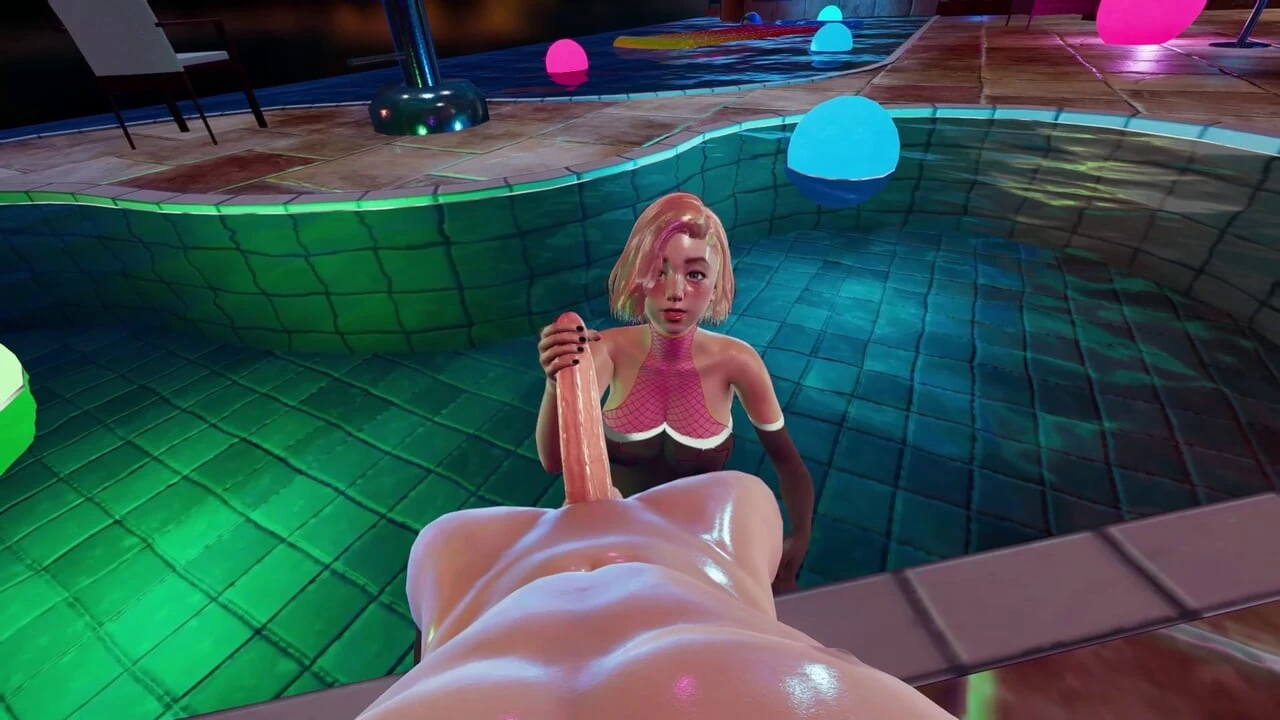 Hot Pink Hair Hitomi in Fishnet Body in Pool - Enjoy Sloppy POV Blowjob Service, Handjob Dick Stroking in Water, and Glory Hole