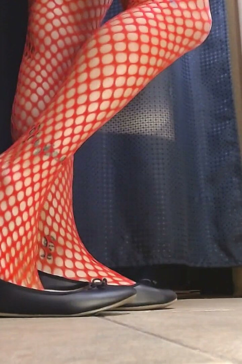 Red Fishnets Ballet Flats Shoeplay Dipping Toe Wiggling