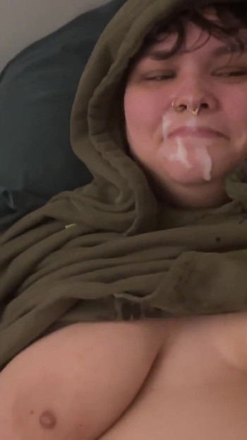 Surprise Facial Cumshot Real Amateur Couple Homemade after lazy funny blowjob on bed | Clip 2