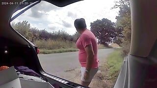 Cross dress in red knickers and bra changing as cars drive past