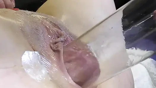 Very Close Spread Pussy Fucking with Dildo and Glass