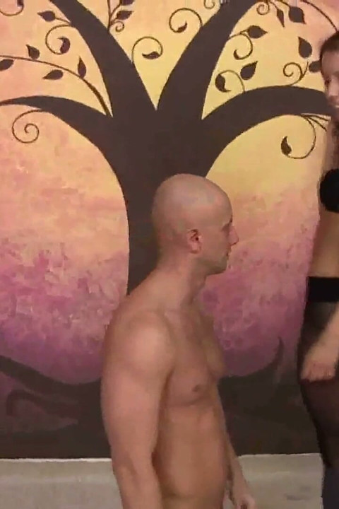 Total femdom on the bald head man used for smelling armpits