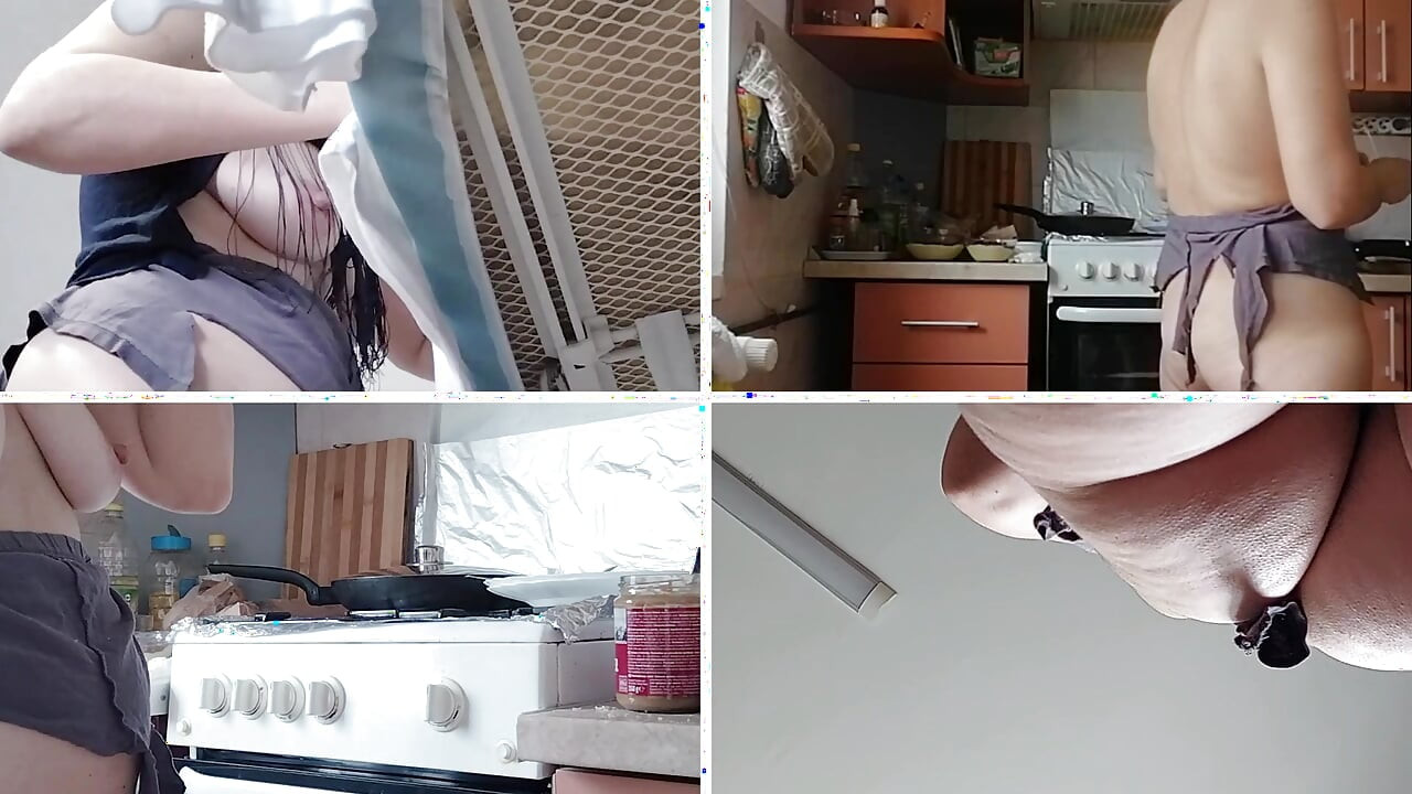 Brunette with hairy pussy, big tits, sensual and hairy woman in the kitchen. Sexy amateur wife shaving her hairy pussy.