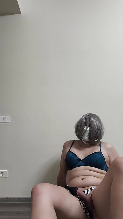 Crossdresser in bulge thong vibrating ass and cock