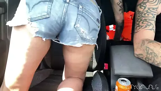 Slut masturbating in car while being driven around