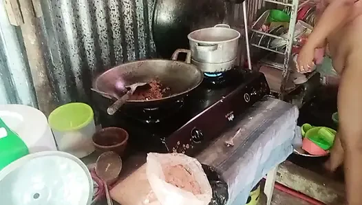 Stripping mother-in-law who is cooking