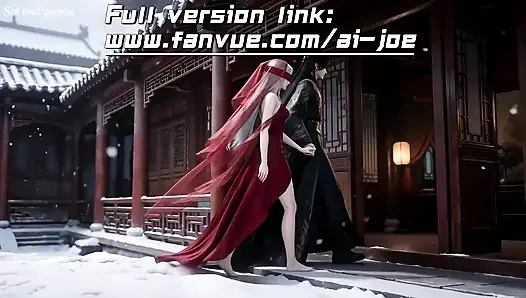 Китайская классическая красотка с кожей, белой, как снег, одетая в красное и с белыми волосами. Минет, первый эпизод, Сгенерированное ИИ