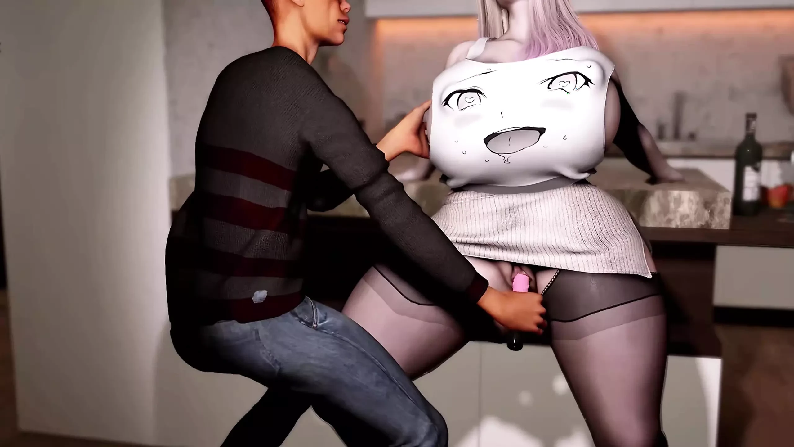 3D enormes mamas loira bbw prostituta provocando o pau velho para foder sua buceta