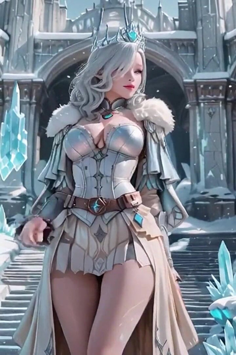 Rainha do gelo de cabelos prateados! Ajoelhada no Castelo congelado, sua armadura fria esconde tantos segredos.