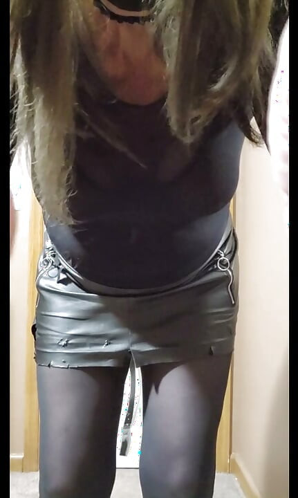gay cd, black nylon, leather, tease, masturbate cum.