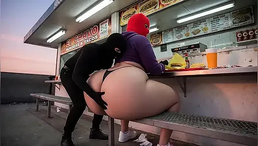 Big Ass Girl Eating Fast Food Gets Her Butt Touched in Public