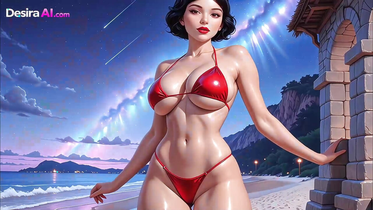 3D πριγκίπισσες ντυμένες με μπικίνι τρίβουν τα υγρά μουνιά τους για οργασμό στην παραλία Creampie Fun AI Generated