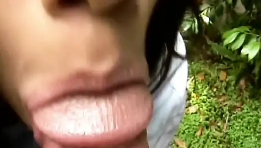 Brunette Babe Sucks Big Cock Outdoors to Explosive Orgasm