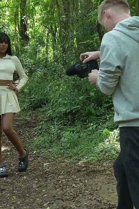 Behind the Scenes of a Porn Shoot, Two Dark-skinned Latinas Please Each Other Outdoors