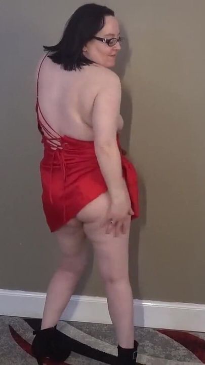 Stripping in Red Silk Lingerie and Ankle Boots